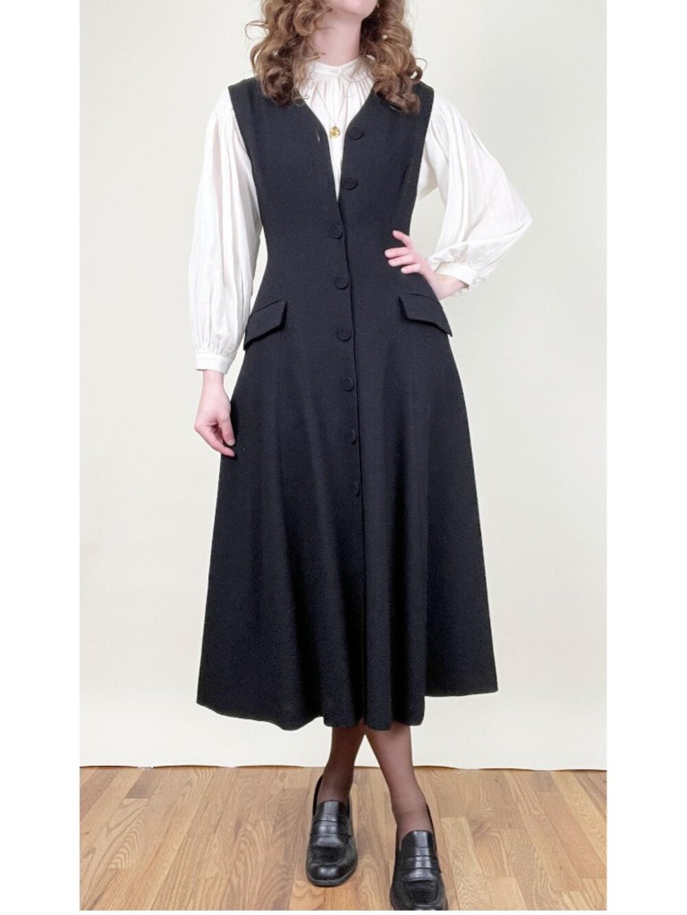 Vintage Black Button-Front Midi Vest Dress